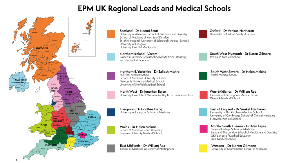 Map showing EPM regional leads and medical schools