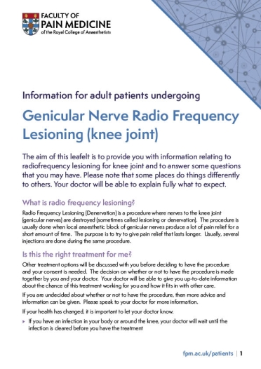cover image for genicular nerve RF patient information leaflet